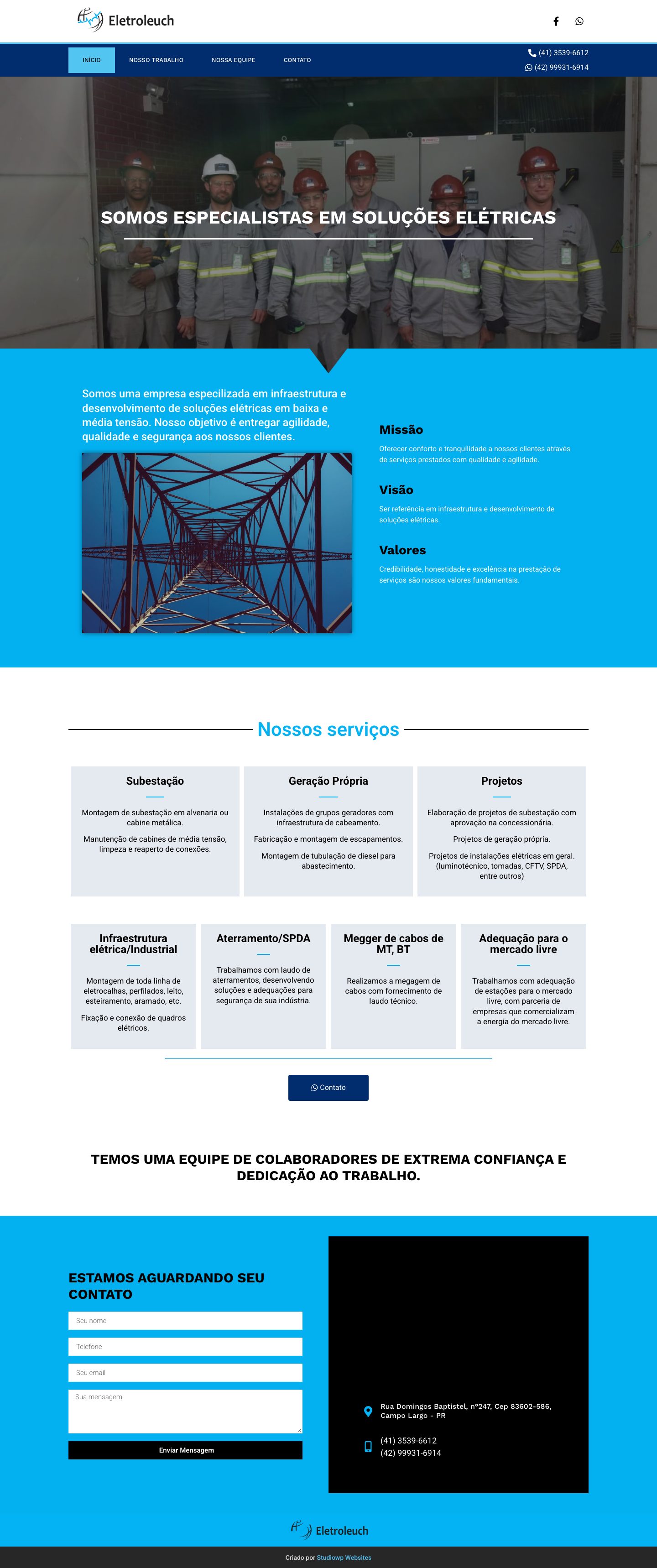 Página inicial do site da Eletroleuch, engenharia de instalações elétricas
