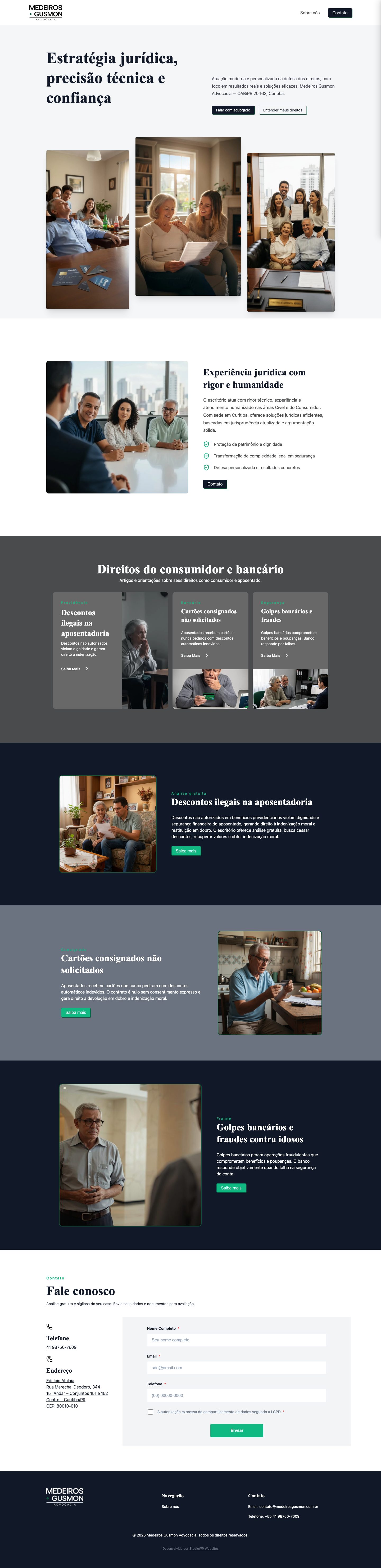 Página inicial do site do Medeiros Gusmon Advocacia, escritório em Curitiba