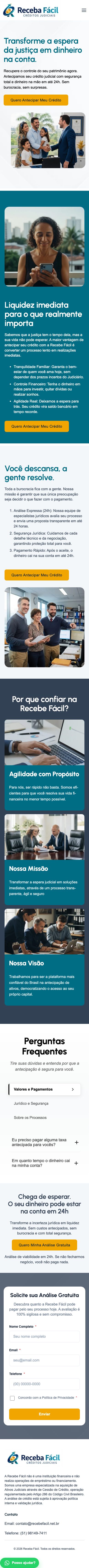 Versão mobile da landing page do Receba Fácil